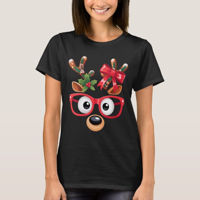 Camiseta Womens Matching Family Christmas Reindeer Face Gle (Frente)