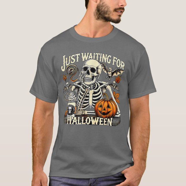 Camiseta Womens Mens Just Waiting For Halloween Skeleton Su (Frente)
