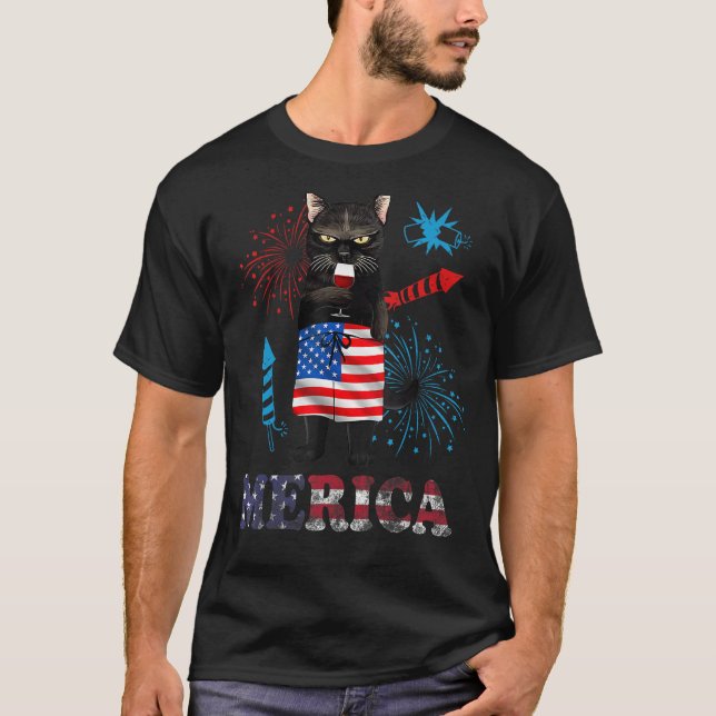 Camiseta Womens  Merica Black Cat Wine Glass Firework USA F (Frente)