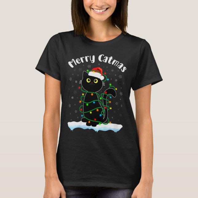 Camiseta Womens Merry Catmas Cat Wearing Santa Hat Black Ca (Frente)