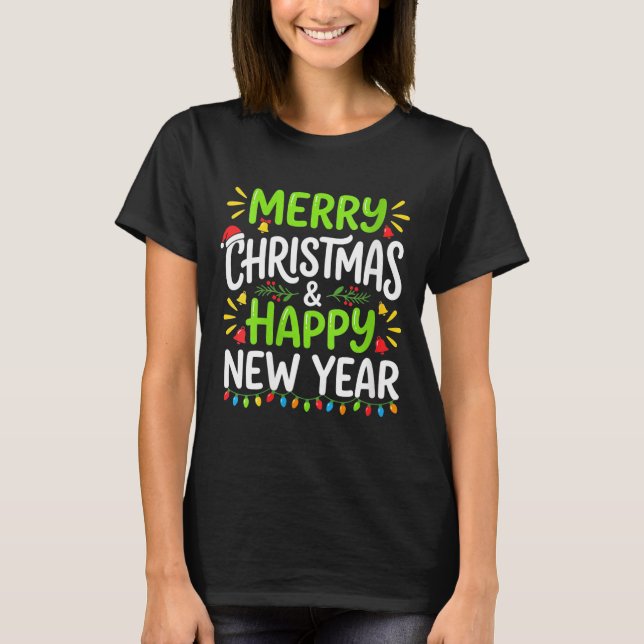 Camiseta Womens Merry Christmas Lights Red Santa Hat And Ha (Frente)