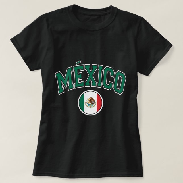Camiseta Womens México Estilo Varsity Texto Verde do Círcul (Frente do Design)