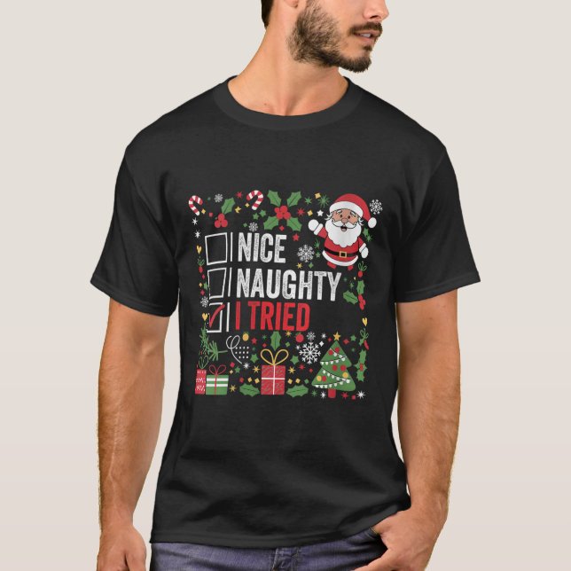 Camiseta Womens Nice Naughty I Tried Funny Christmas Santa  (Frente)