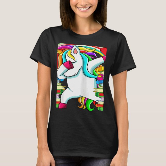 Camiseta Womens Reading Teacher Dabbing Unicorn Elementary  (Frente)