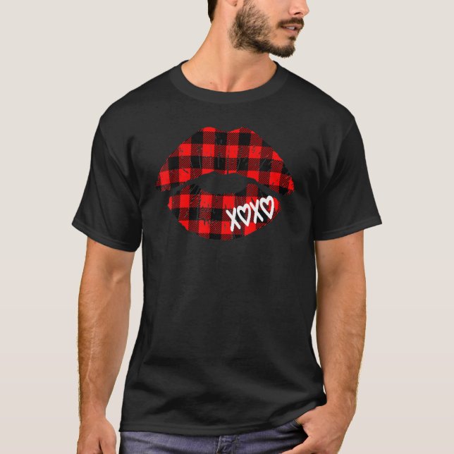 Camiseta Womens Red Buffalo Plaid Lips  Valentine Day XOXO (Frente)
