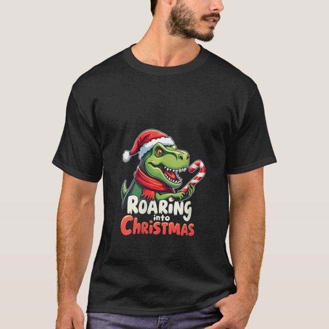 Camiseta Womens Roaring into Christmas T Rex Santa Hat Cand (Frente)