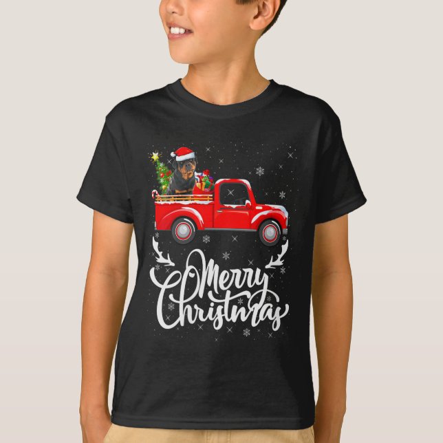 Camiseta Womens Rottweiler Dog On Christmas Tree Red Truck  (Frente)