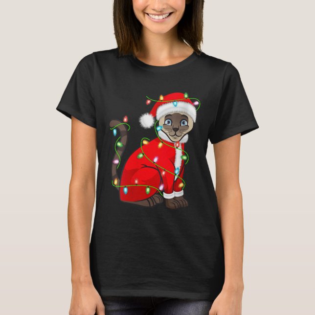 Camiseta Womens Siamese Cat Christmas Lights Santa Costume  (Frente)