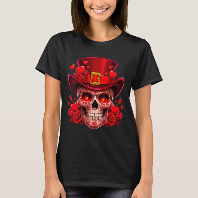 Camiseta Women's Sugar Skull Valentine Cud Red Roses Couple (Frente)