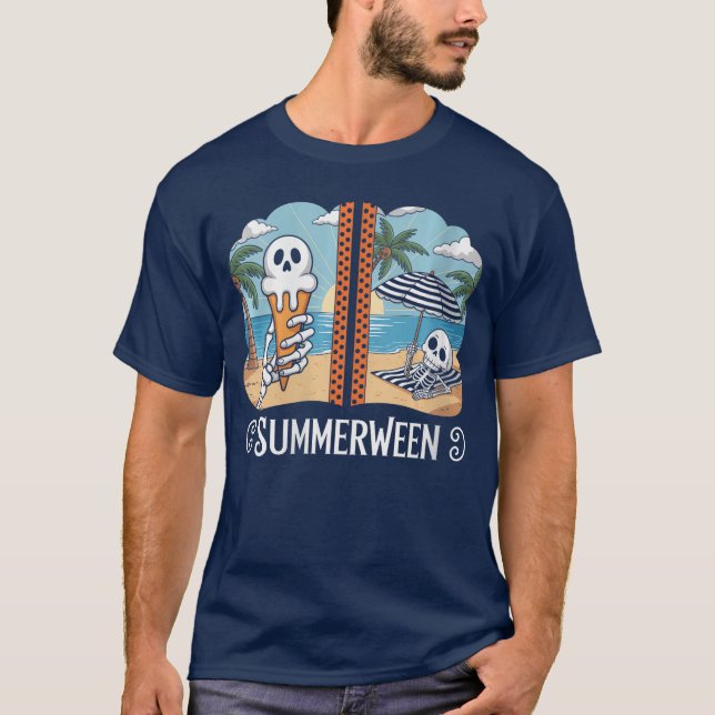 Camiseta Womens Summerween Skeleton Ghost Beach Party Hallo (Frente)