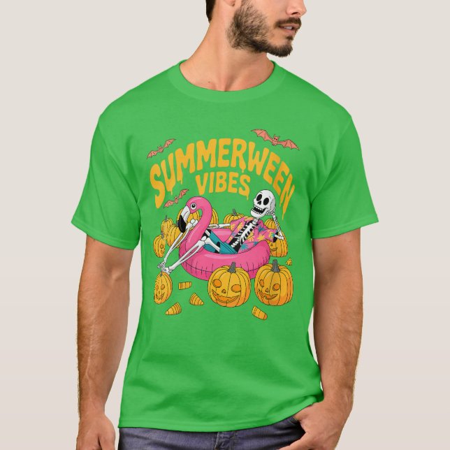 Camiseta Womens Summerween Vibes Skeleton Pumpkin Spooky Va (Frente)