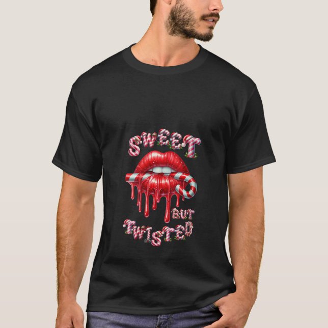 Camiseta Womens Sweet But Twisted Valentine Lips Candy Cane (Frente)