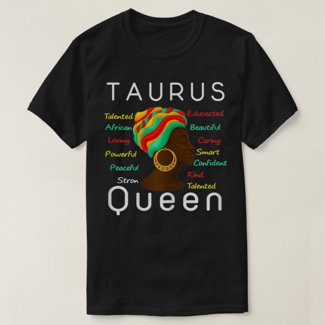 Camiseta Womens Taurus Queen Afro Horoscope 20 de maio (Frente do Design)
