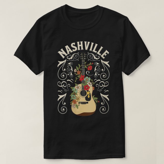 Camiseta Womens Vintage Nashville City Acoustic Guitar E (Frente do Design)