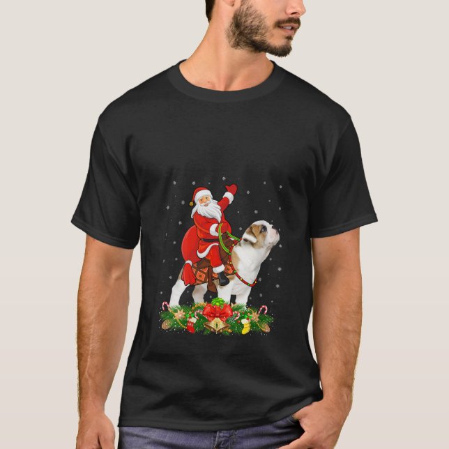 Camiseta Womens Xmas Decor Funny Santa Riding English Bulld (Frente)