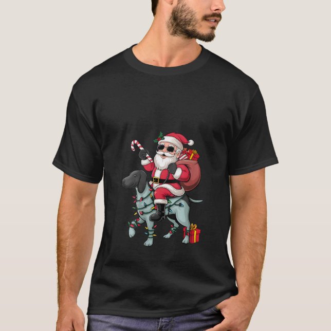 Camiseta Womens Xmas Lighting Funny Santa Riding Pointing D (Frente)