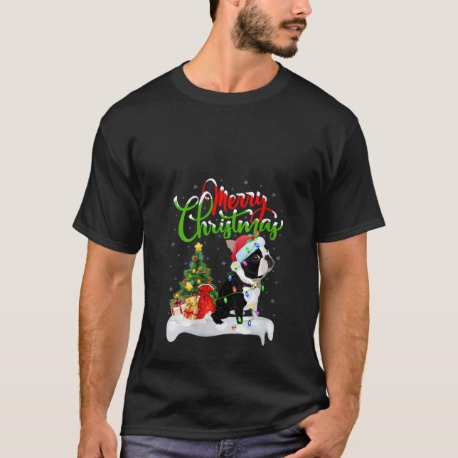 Camiseta Womens Xmas Lighting Matching Santa Boston Terrier (Frente)