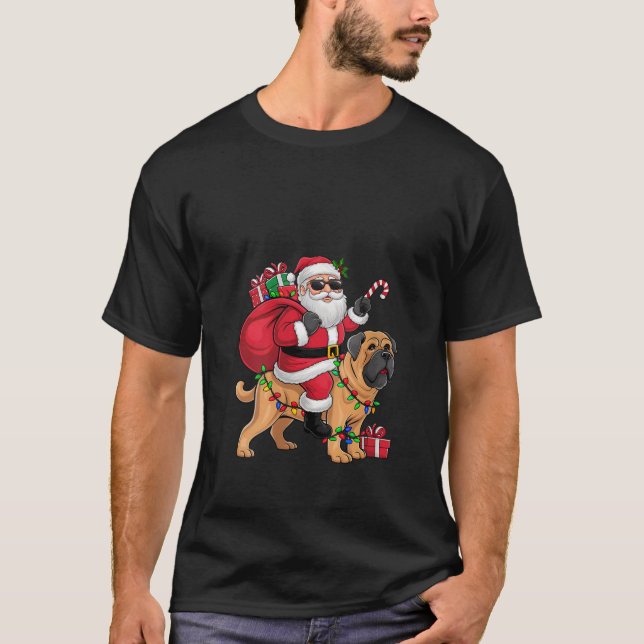 Camiseta Womens Xmas Lighting Santa Riding English Mastiff  (Frente)