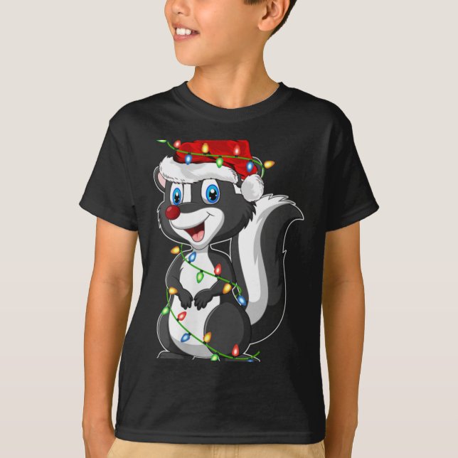 Camiseta Womens Xmas Lights Santa Hat Skunk Christmas V Nec (Frente)