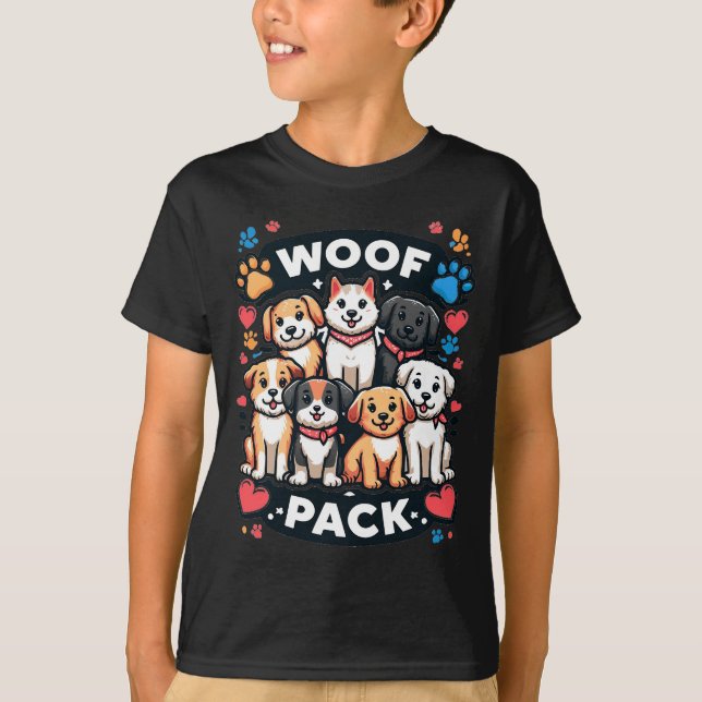 Camiseta "Woof Pack" - Grupo Adorável de Cães (Frente)