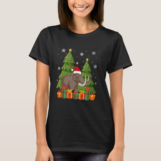 Camiseta Wooly Mammoth Xmas Tree Luzes Santa Hat Ugly Chr (Frente)