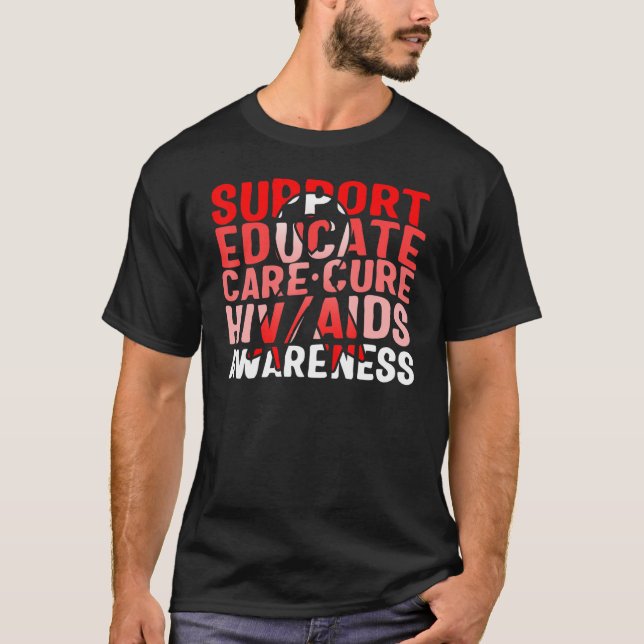 Camiseta Word Aids Days Support Educate Care Cure Red Aware (Frente)