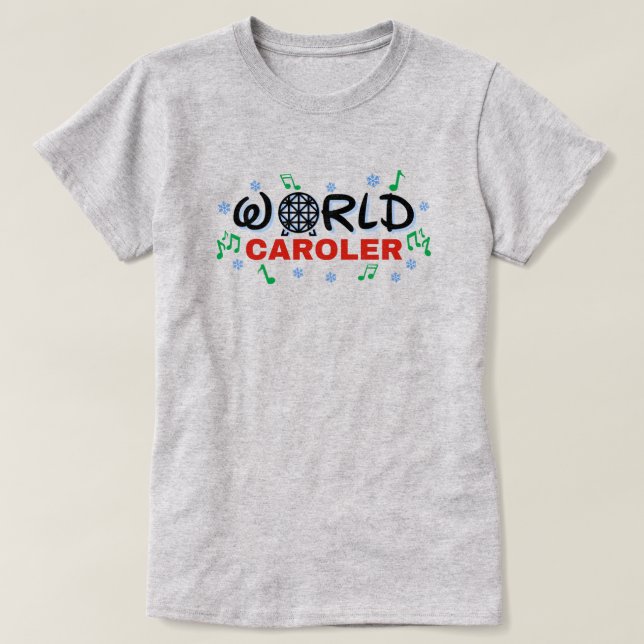 Camiseta World Caroler com Notas de Música Verde e Neve Azu (Frente do Design)