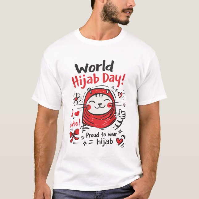 Camiseta World Hijab Day Cute Cat Illustration – Proud to W (Frente)