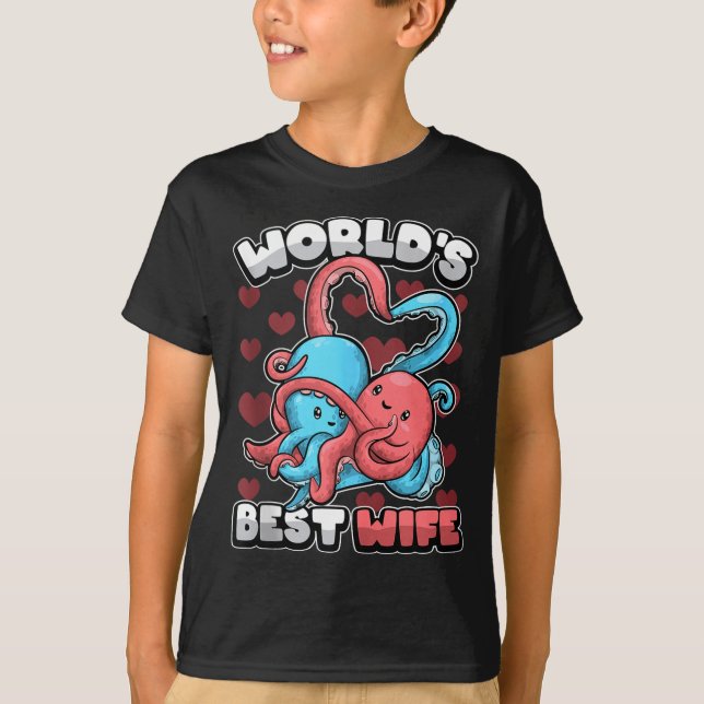 Camiseta World's Wife Cute Kawaii Octopus Heart Cute Couple (Frente)