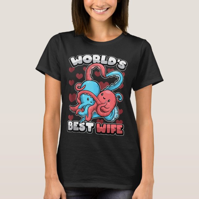 Camiseta World's Wife Cute Kawaii Octopus Heart Cute Couple (Frente)