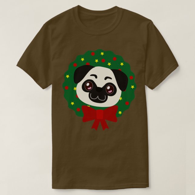 Camiseta Wreath de Natal Pug Eu Iria (Frente do Design)