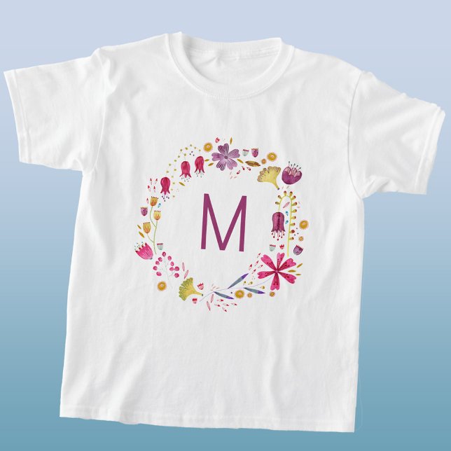 Camiseta Wreath Monograma de Cores de Água Selvagem (Monogram initial personalized watercolor botanical floral wreath t-shirt)