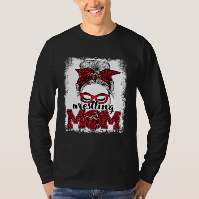 Camiseta Wrestling Mom Mother's Day Game Day Messy Bun Leop (Frente)