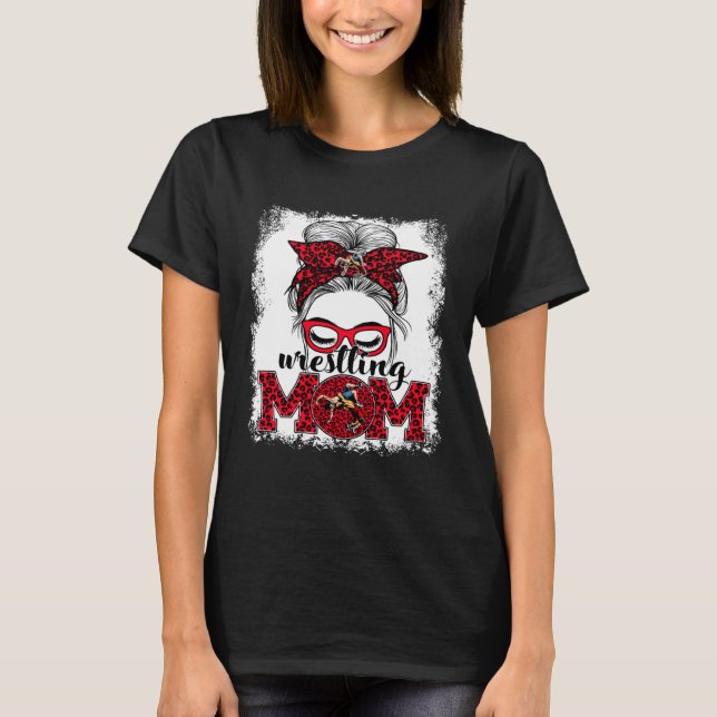 Camiseta Wrestling Mom Mother's Day Game Day Messy Bun Leop (Frente)