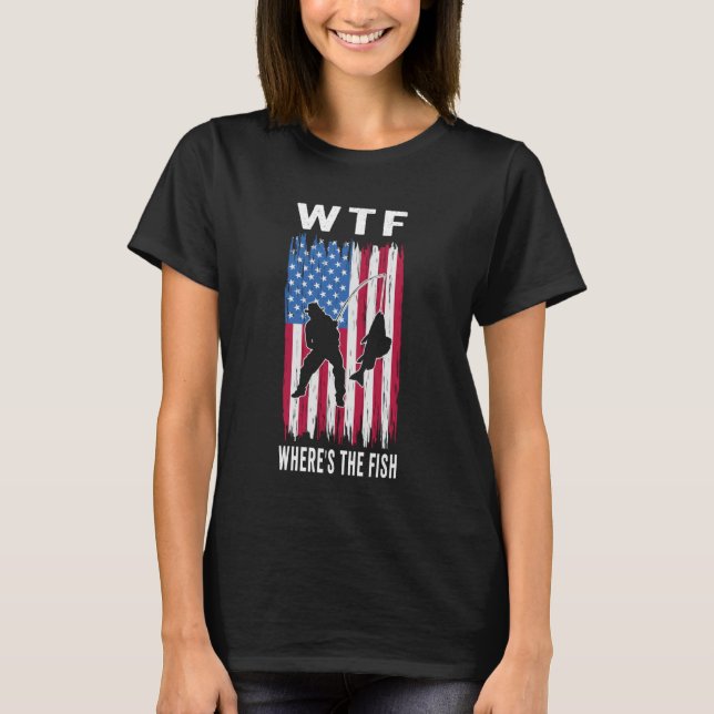 Camiseta WTF Where's The Fish Funny Fishing American Flag (Frente)