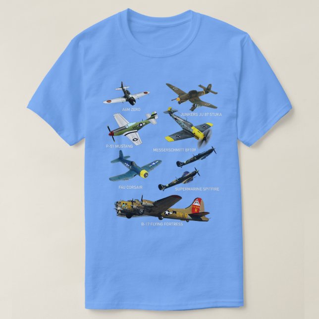 Camiseta WW2 Planes Warbird P51 Mustang Spitfire Messersch (Frente do Design)