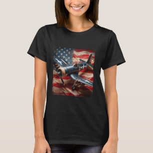 Camiseta WW2 Warplane F4U Corsair Distante Bandeira America