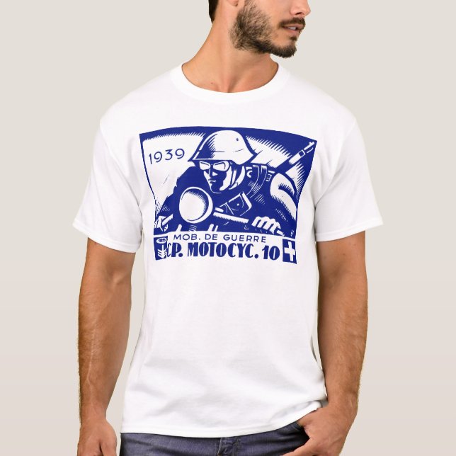 Camiseta WWII Suíço Motocicleta Empresa, azul (Frente)