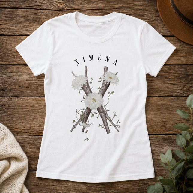 Camiseta 'X' com Flores e Folhas do Monograma da N (Criador carregado)