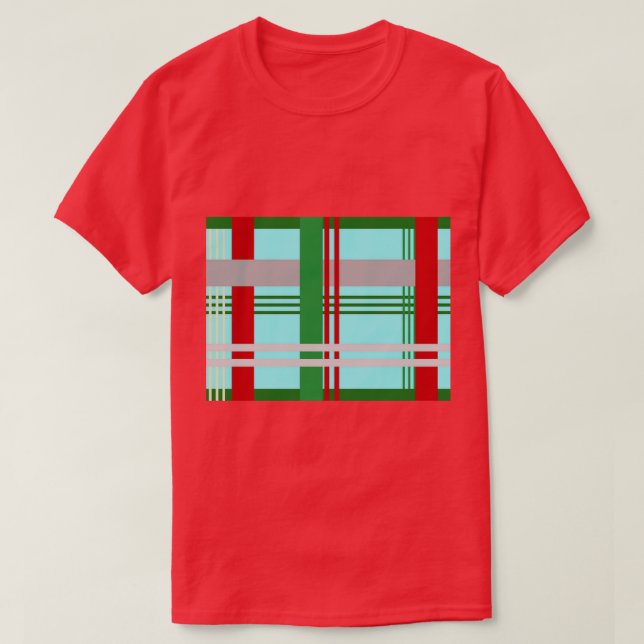 Camiseta xadrez azul brilhante, verde e vermelha com padrão (Frente do Design)