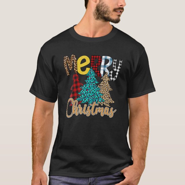 Camiseta Xadrez bonita Leopardo Árvore de Natal Engraçada F (Frente)