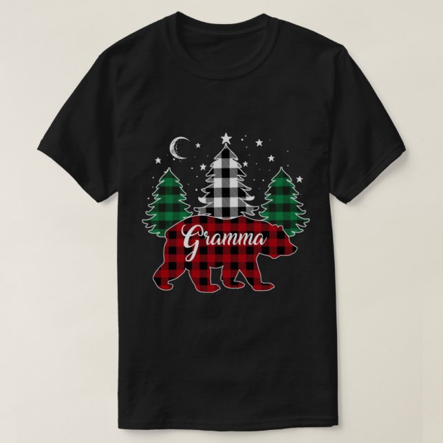 Camiseta Xadrez Buffalo Bear Árvores de Natal Família Pajam (Frente do Design)
