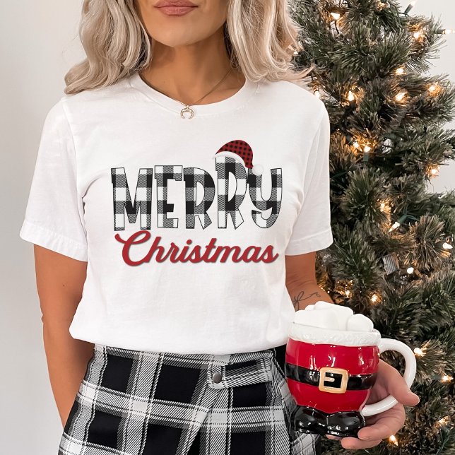 Camiseta Xadrez de Búfalo Preta e Branca Cheery Feliz Natal (Black & White Buffalo Plaid Cheery Merry Christmas T-Shirt)