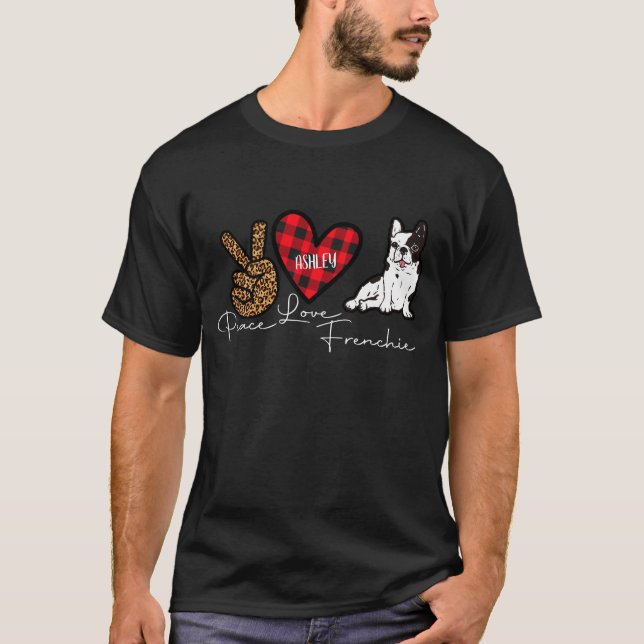Camiseta Xadrez de Buldogue Francês Paz Amor Cão Cachorro (Frente)