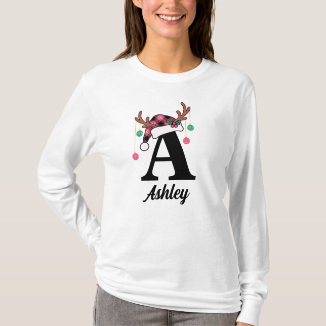 Camiseta Xadrez de Natal da Família Monograma Personalizada (Frente)