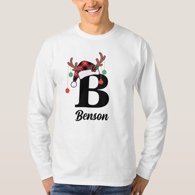Camiseta Xadrez de Natal da Família Monograma Personalizada (Frente)