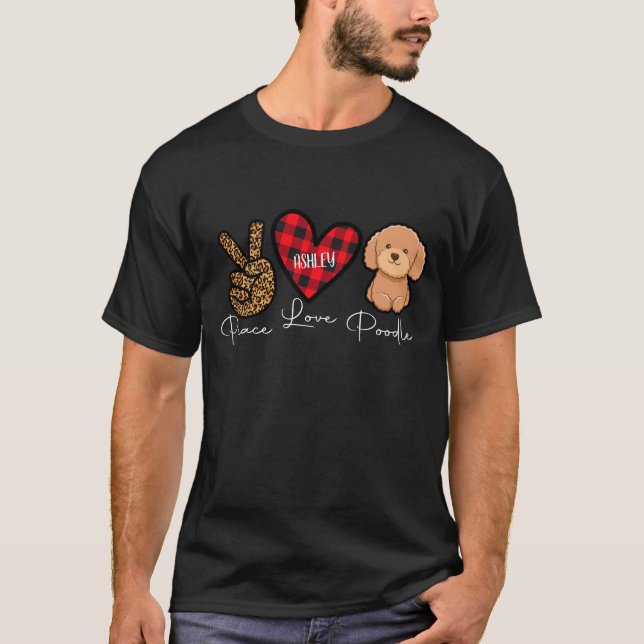 Camiseta Xadrez de Poodle Paz Amor Cachorro Fofo (Frente)