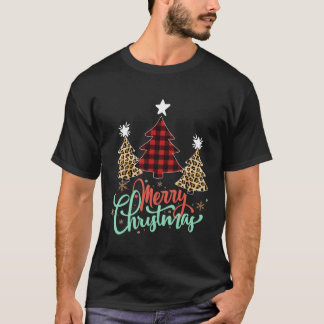 Camiseta Xadrez Leopardo Árvore de Natal Feliz Natal