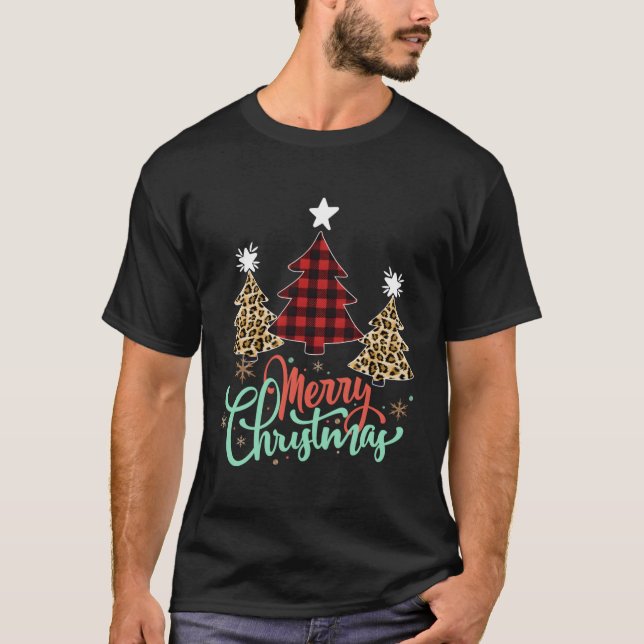 Camiseta Xadrez Leopardo Árvore de Natal Feliz Natal (Frente)