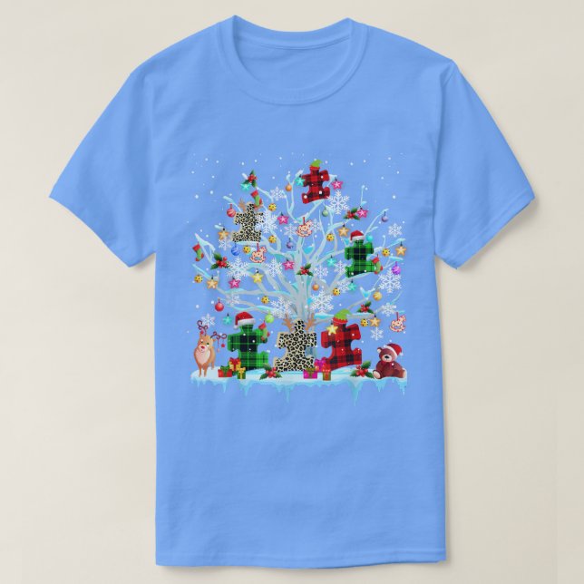Camiseta Xadrez Leopardo-Quebra-cabeça No Xmas Tree Autism  (Frente do Design)